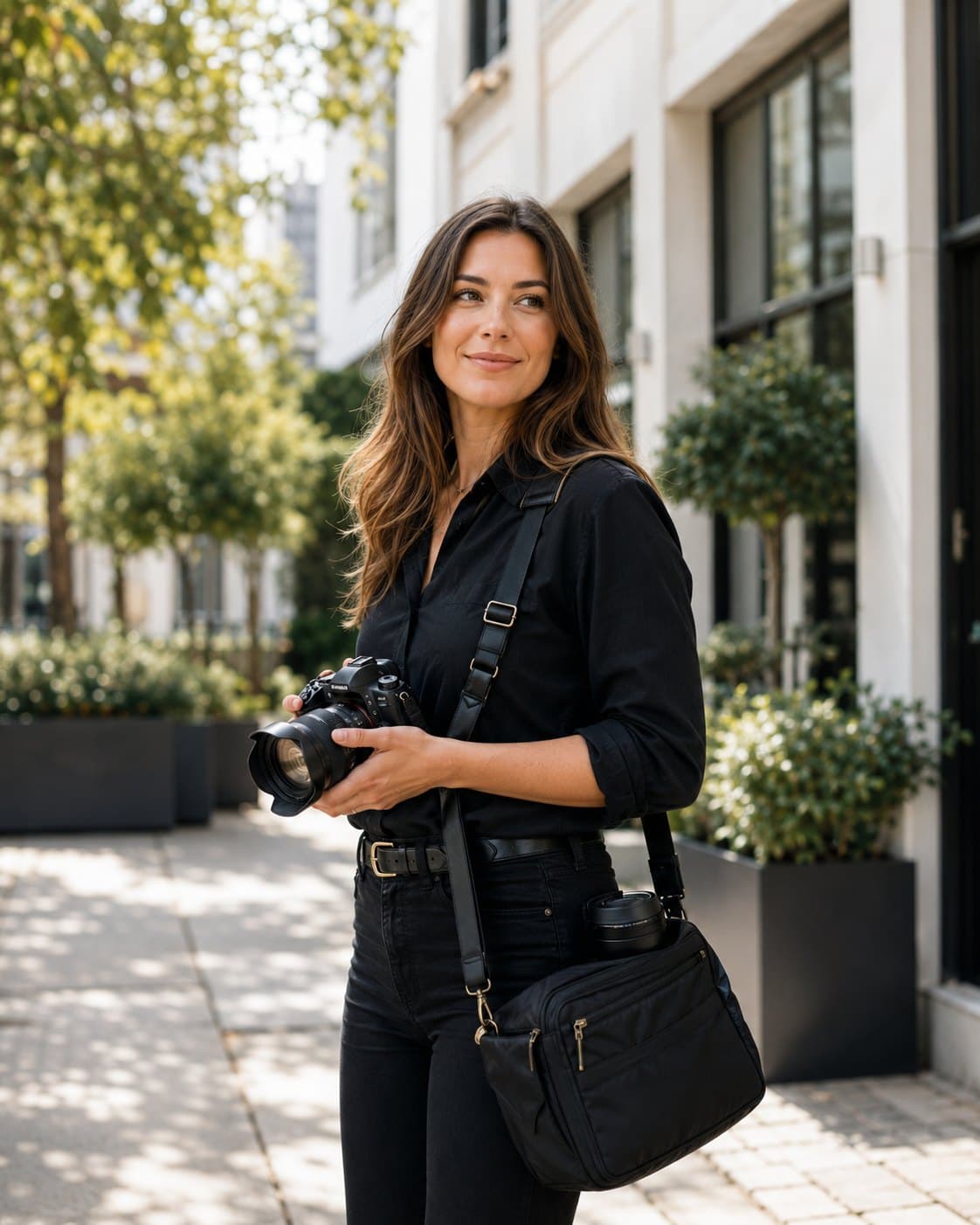Photographe indépendante en reportage, appareil photo en main